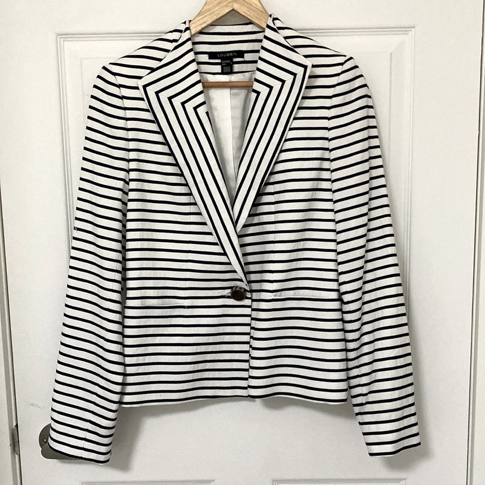 Louben White and Blue Linen-Cotton Blazer - Size 4